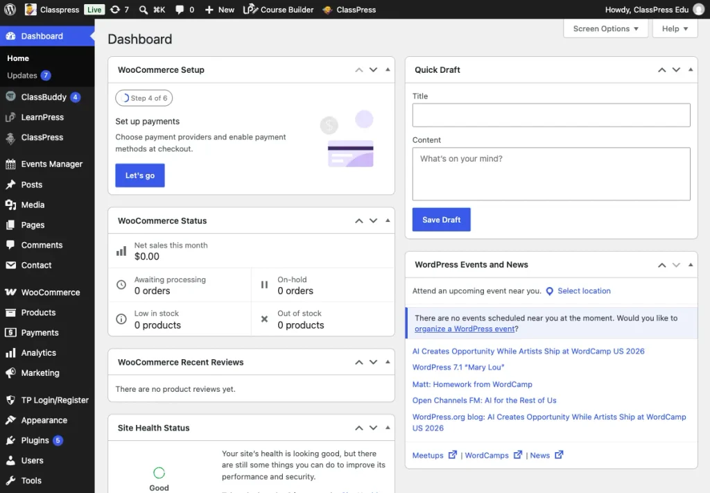 ClassPress admin sidebar menu in WordPress showing Dashboard, Classes, Categories, Student, Teachers, Question Bank, Homework, Order, Settings