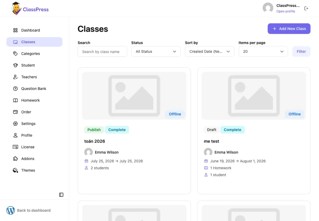 ClassPress Classes list showing class cards with status badges, teacher name, and student count