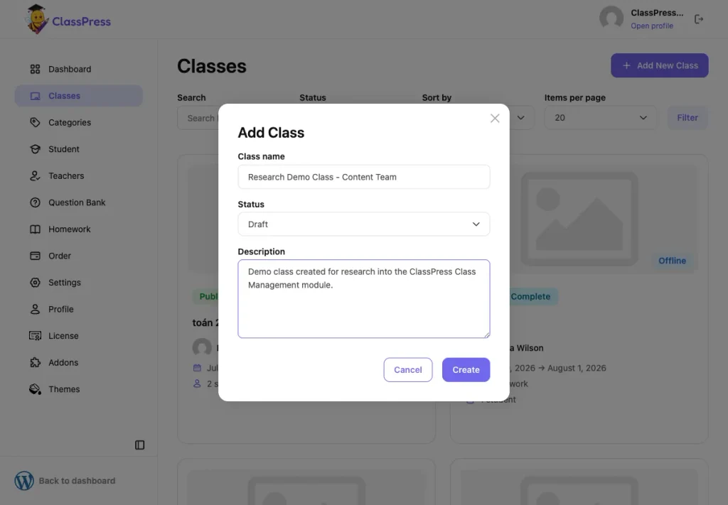 Add Class modal in ClassPress filled in with a class name and description