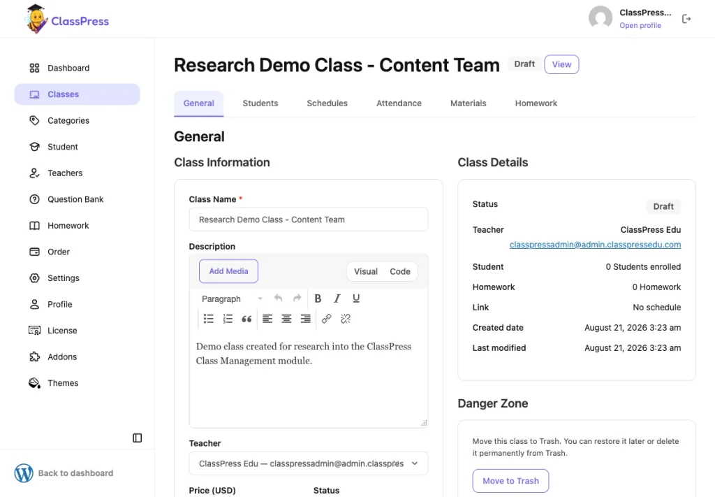 ClassPress class detail page General tab with six tabs and Class Details summary card