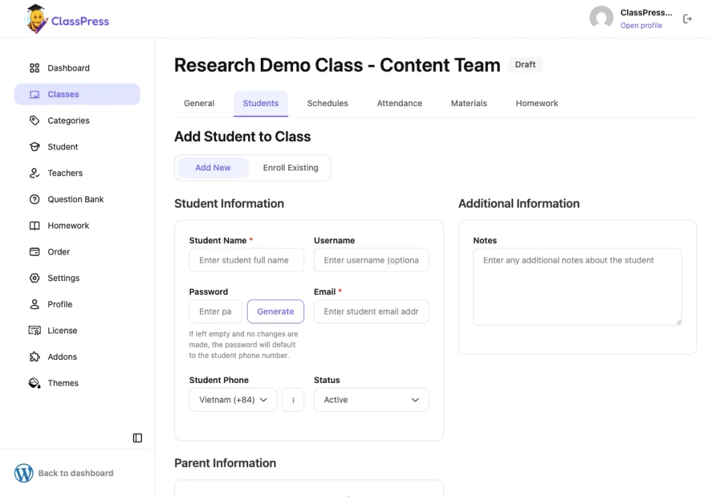 Add Student to Class form in ClassPress with Student Name, Email, Phone, and Parent contact fields