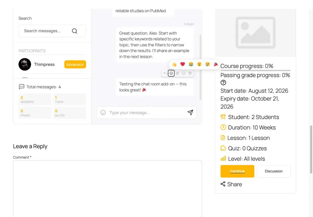 Reaction picker with six emoji options open above a chat message