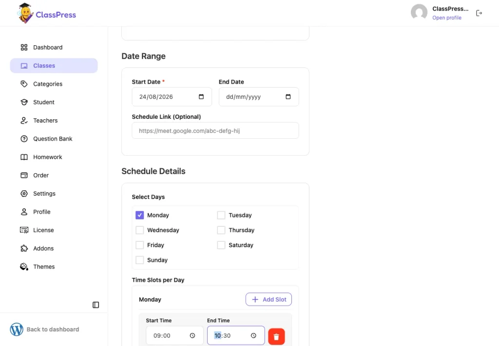 Add Schedule form in ClassPress filled in with a start date, recurring day, and time slot