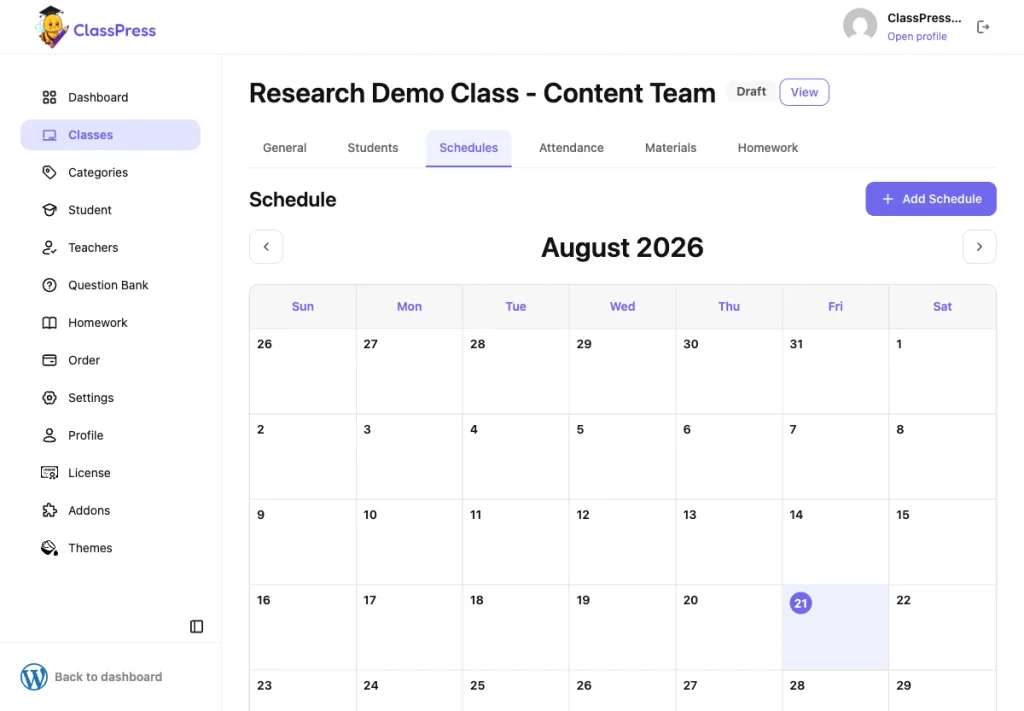 ClassPress class calendar showing a newly created schedule with its assigned color