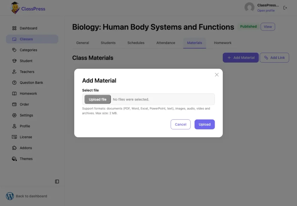 Add Material modal in ClassPress showing accepted file formats 