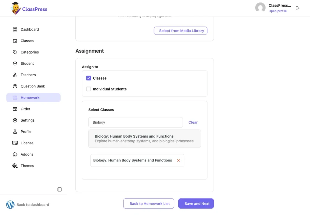 Add Homework form in ClassPress filled in with a title, dates, and late submission enabled