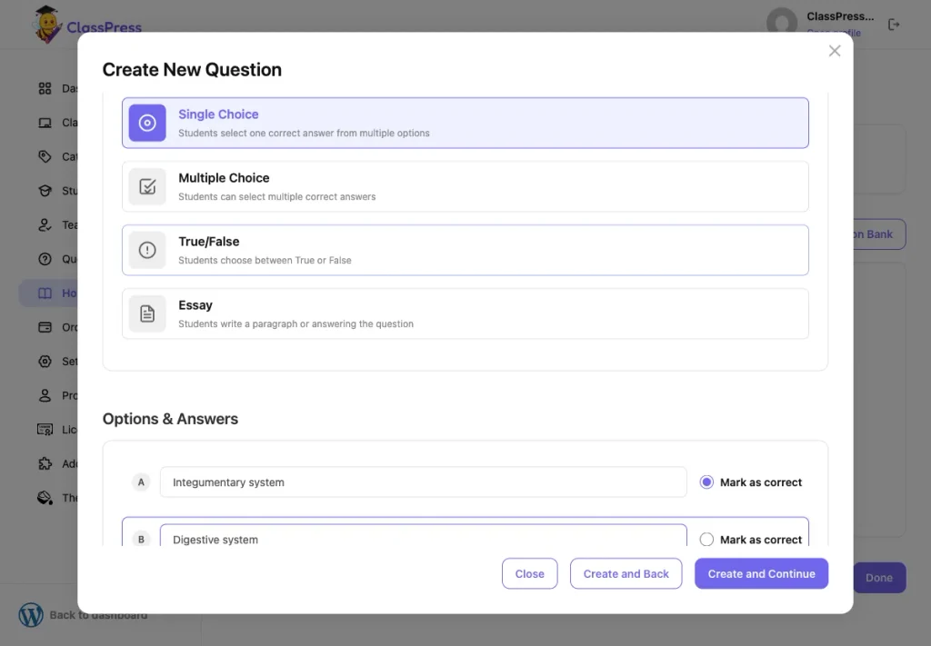 Create New Question modal in ClassPress filled in with answer options and one marked correct