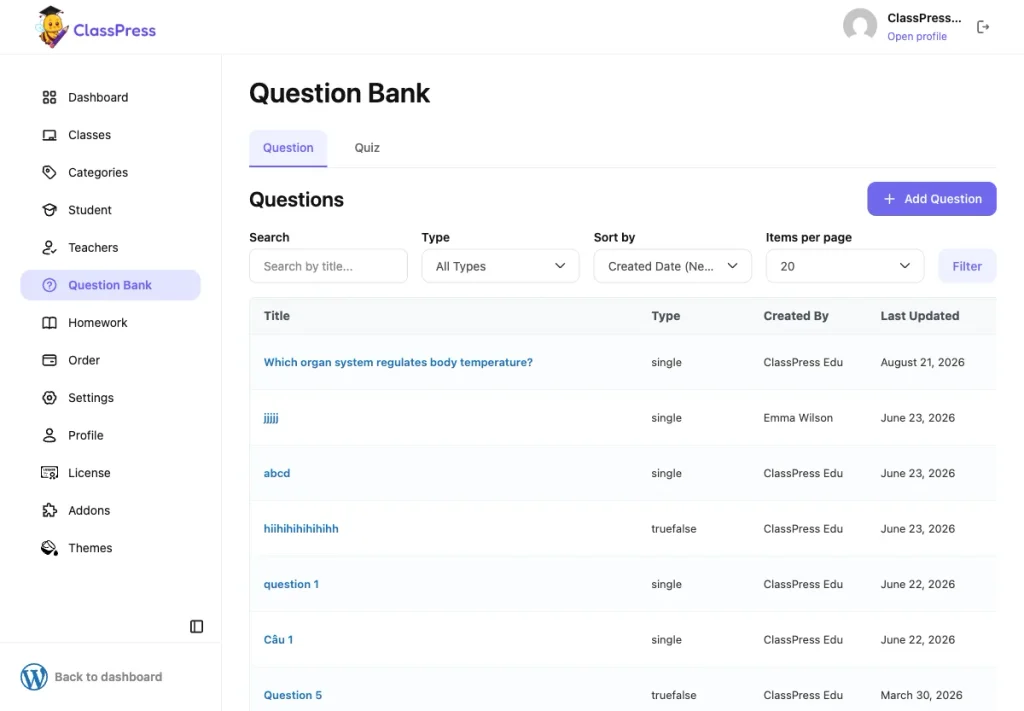 ClassPress Question Bank page listing reusable questions across homework assignments