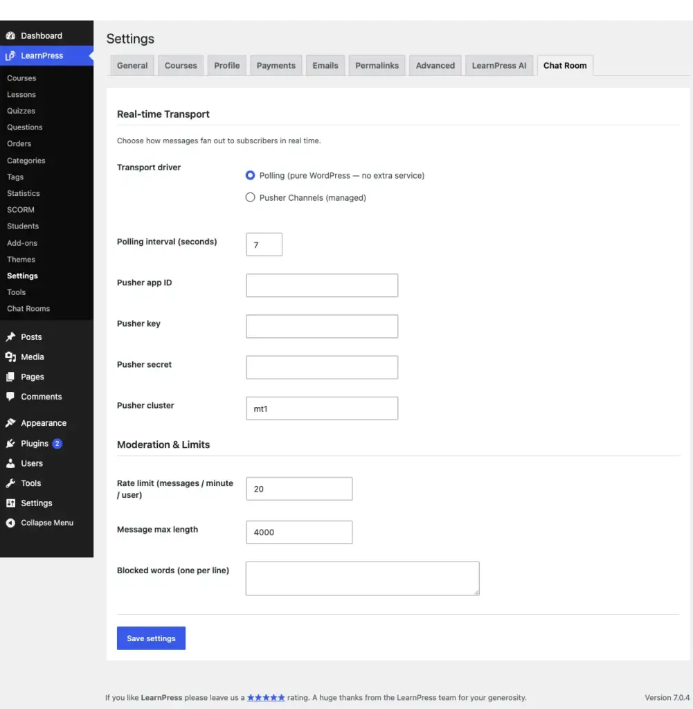 LearnPress global settings page for live chat for online courses, showing the toggle between WP Polling and Pusher Channels, plus rate limit and blocked words fields