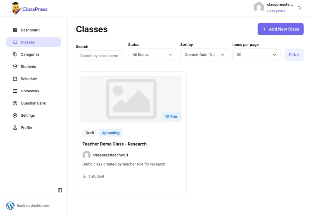 ClassPress teacher Classes list showing only the one class assigned to that teacher