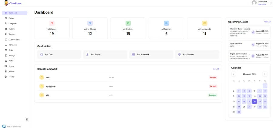 Student and admin dashboard in digital classroom management