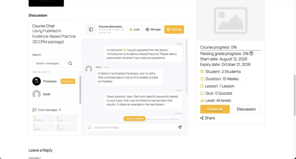 LearnPress course page with the live chat widget embedded directly in the Discussion section