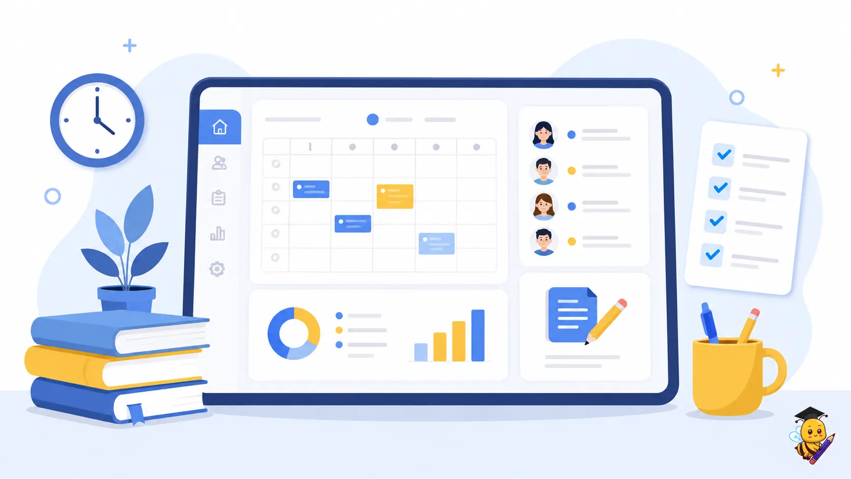 Illustration of a teacher dashboard showing a class schedule, roster, and homework tracking, representing ClassPress teacher management tools