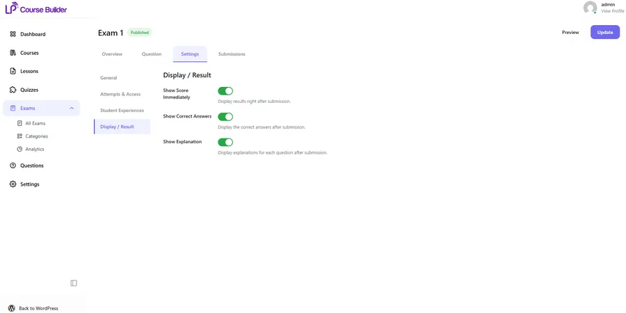 Display and result options after submission