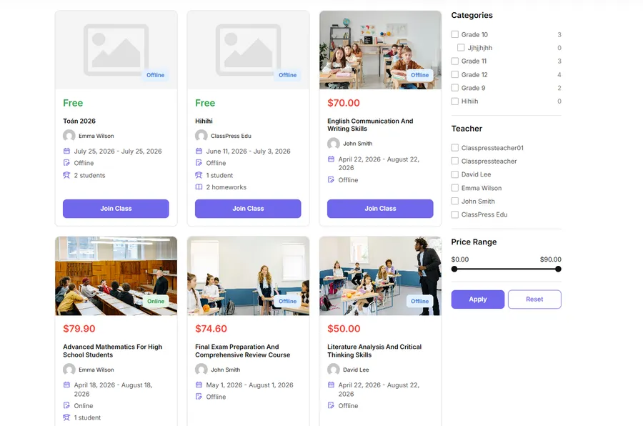 Front-end class listing in WordPress classroom management plugin