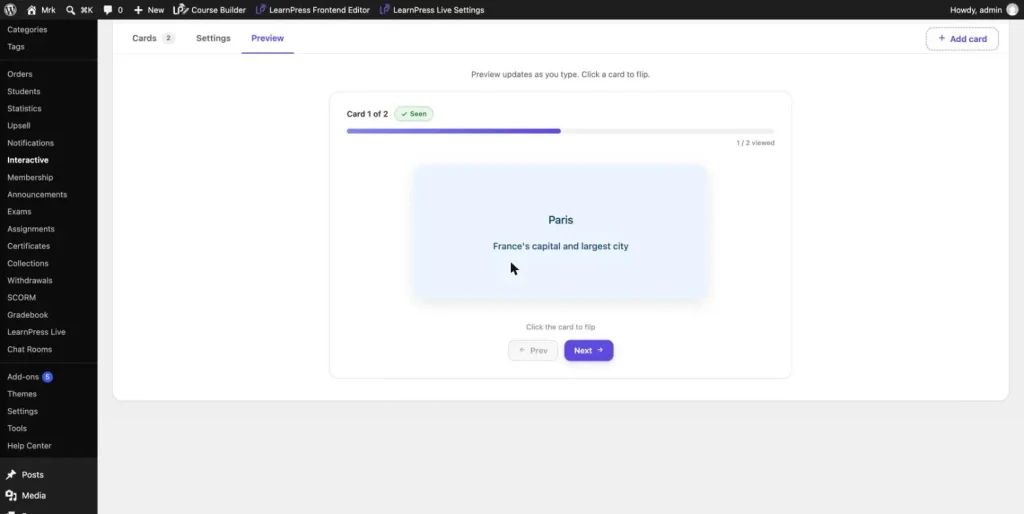 LearnPress flashcards with Slider layout and progress