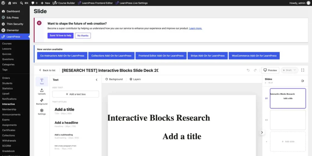 LearnPress Slide Deck editor in Interactive Blocks