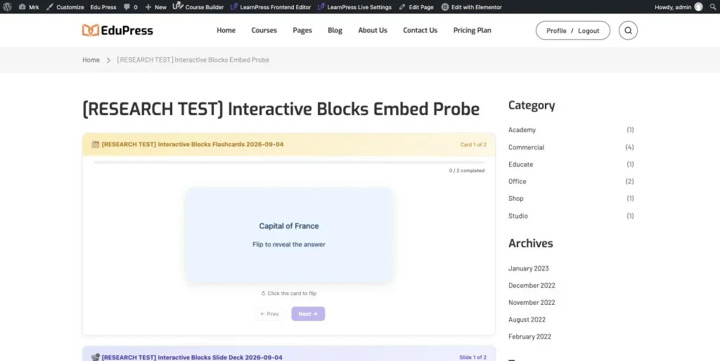 LearnPress flashcards in a course lesson