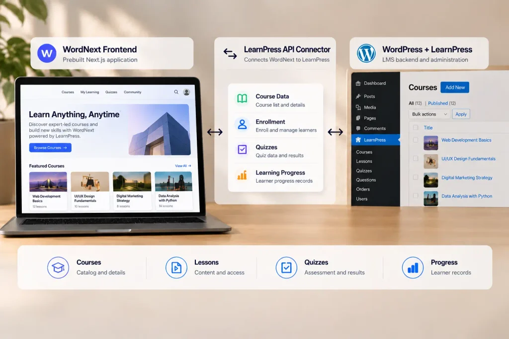 LMS with Next.js architecture showing WordNext frontend, LearnPress Next.js integration through an API connector, and WordPress LMS backend.