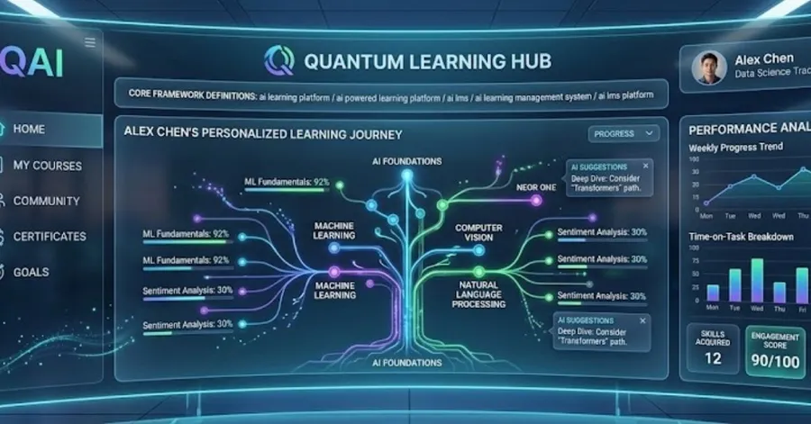 Administrator dashboard of a modern AI learning platform showing user analytics and personalized paths.