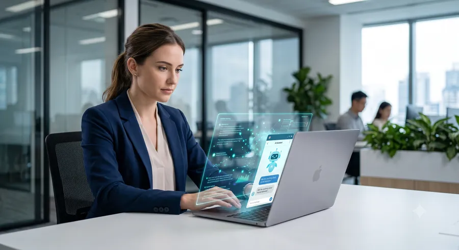 Employee engaging with an AI powered learning platform using a virtual assistant chatbot for corporate training.
