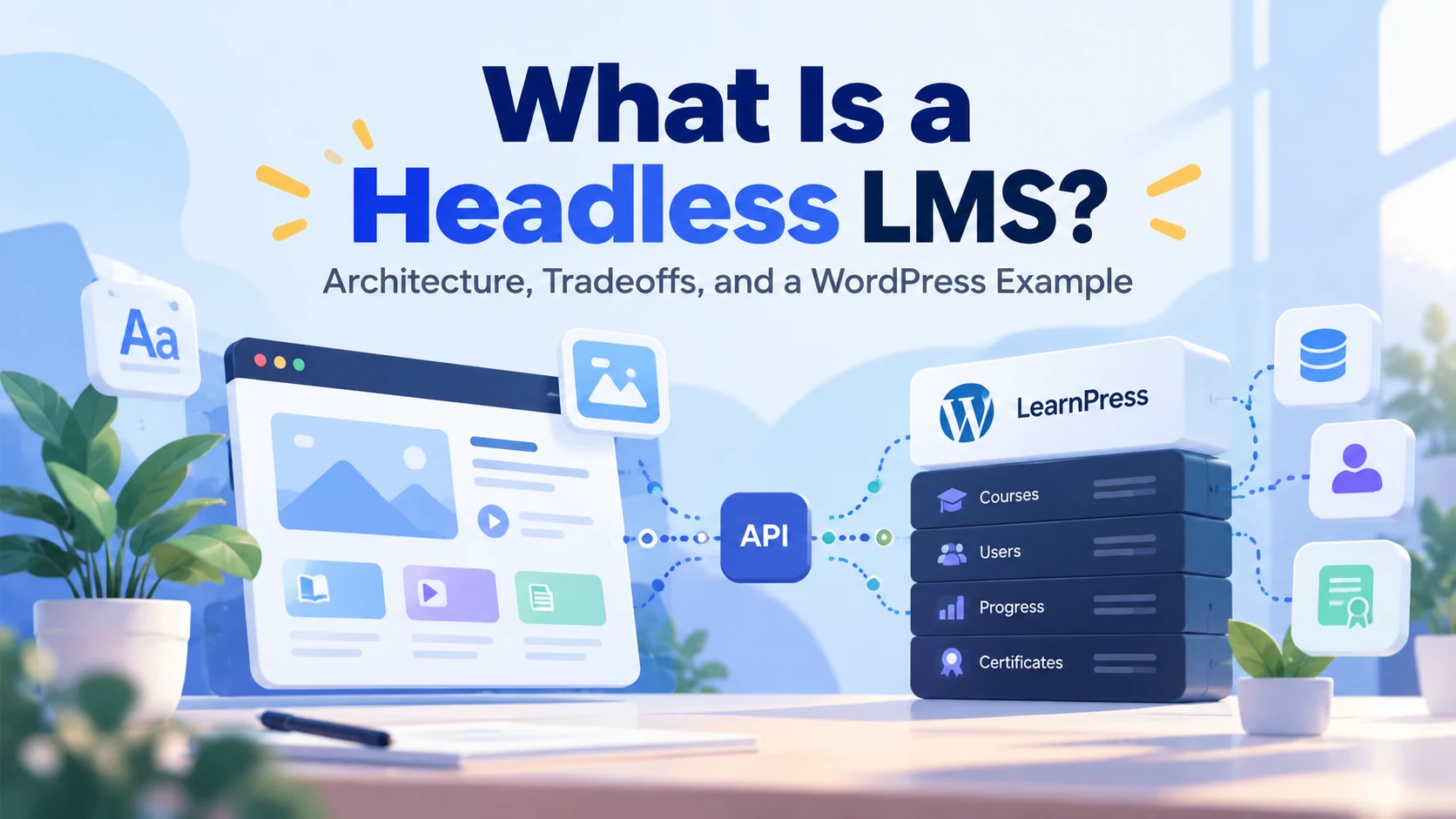 Headless LMS architecture illustration showing a learning frontend connected via API to a WordPress and LearnPress backend.