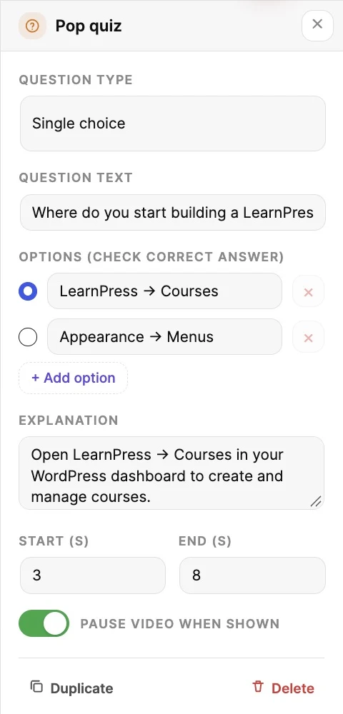 Interactive Blocks LearnPress pop quiz editor showing single-choice questions, answer options, explanations, and video pause settings.