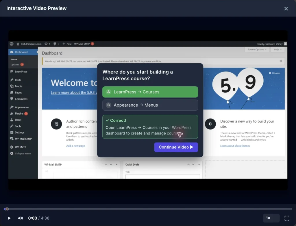 LearnPress interactive video showing an in-video quiz created with Interactive Blocks LearnPress in the WordPress dashboard.