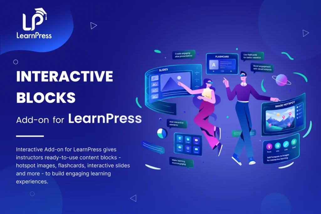 Interactive Blocks LearnPress add-on illustration featuring flashcards, interactive slides, image hotspots, and learning activities.
