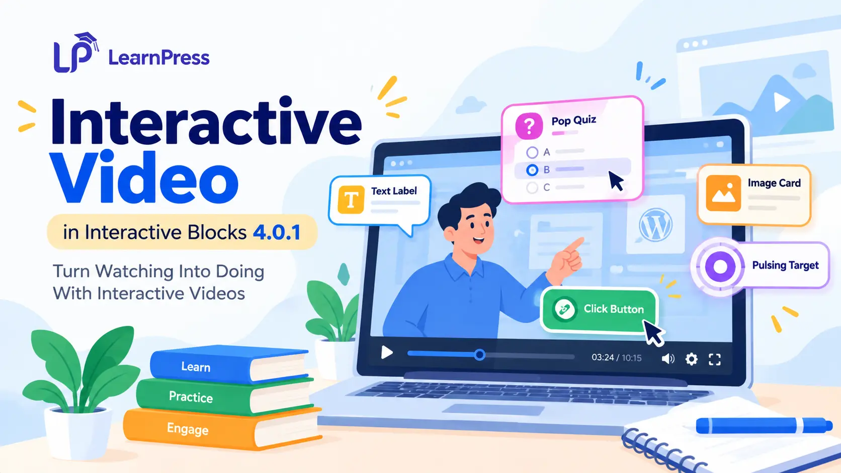 LearnPress interactive video in Interactive Blocks 4.0.1 featuring pop quizzes, clickable buttons, text labels, image cards, and pulsing targets.