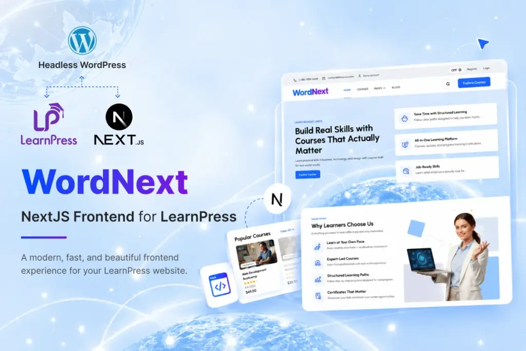 WordNext Next.js frontend for LearnPress, showing a headless WordPress LMS architecture and modern online course website interface.